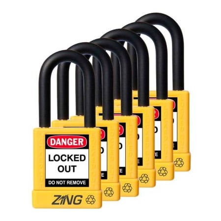 Zing ZING RecycLock Safety Padlock, Keyed Alike, 1-1/2" Shackle, 1-3/4" Body, Yellow, 6 Pack, 7069 7069